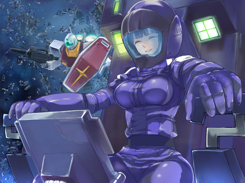1girl breasts cockpit gm_ii gun gundam ky@rgm-79r large_breasts mecha pilot_suit robot shield space spacesuit weapon zeta_gundam