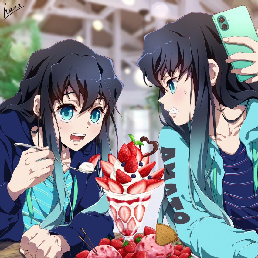 2boys alternate_costume aqua_eyes aqua_hair aqua_jacket aqua_shirt black_hair blue_jacket blue_shirt brothers cellphone cup food fruit glass gradient_hair hana_ni_nare highres holding holding_phone holding_spoon ice_cream jacket kimetsu_no_yaiba long_hair long_sleeves looking_at_viewer male_focus multicolored_hair multiple_boys open_mouth phone shirt siblings smartphone spoon strawberry sundae teeth tokitou_muichirou tokitou_yuichirou tongue twins two-tone_hair