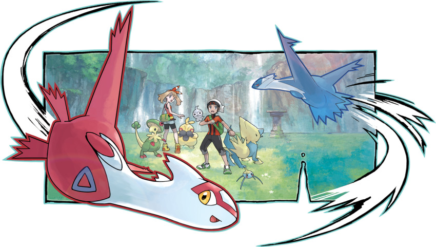 1boy 1girl artist_request backpack bag black_pants blue_eyes bow_hairband bracelet breloom brendan_(pokemon) brown_hair castform castform_(normal) flying gen_3_pokemon green_bag hairband hat jewelry latias latios legendary_pokemon makuhita manectric may_(pokemon) motion_lines nintendo official_art open_mouth pants pedestal pokemon pokemon_oras red_hairband red_shirt shirt shoes short_hair shorts sleeveless sleeveless_shirt speed_lines surprised surskit transparent_background white_hat white_shorts yellow_shoes