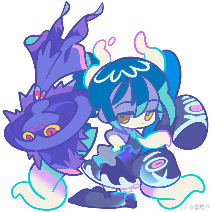 1girl aqua_hair chinese_commentary commentary_request detached_arm detached_legs detached_sleeves full_body gen_4_pokemon ghost_miku_(project_voltage) hatsune_miku highres horrorratman long_hair mismagius necktie nintendo pokemon pokemon_(creature) print_sleeves project_voltage simple_background skirt sleeves_past_fingers sleeves_past_wrists twintails vocaloid white_background white_necktie yellow_eyes