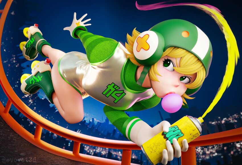 1girl absurdres artist_name avovet3d blonde_hair blowing_bubble_gum blowing_bubbles blush_stickers breasts chewing_gum city_lights cityscape closed_mouth copyright_name gloves green_eyes green_helmet green_shirt gum_(jsr) hair_between_eyes helmet highres jersey jet_set_radio looking_to_the_side medium_breasts night night_sky outdoors roller_skates shirt short_hair skates sky skyline sleeveless sleeveless_shirt solo spray_can spray_paint streetwear striped_clothes striped_shirt twitter_username white_gloves