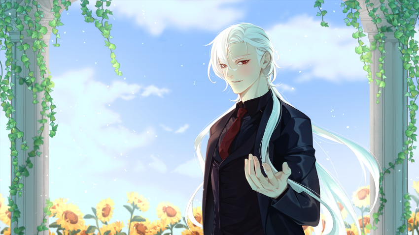 1boy :d a_date_with_death black_shirt black_suit blue_sky blurry blurry_background blush casper_(a_date_with_death) cloud cloudy_sky collared_shirt column field flower flower_field formal_clothes grin hair_flowing_over hair_over_shoulder hair_slicked_back highres jellyfish_cut light_particles looking_at_viewer male_focus necktie non-web_source offering_hand official_art open_mouth outstretched_hand pillar plant reaching reaching_towards_viewer red_eyes red_necktie shirt sky smile solo suit sunflower sunflower_field tuxedo upper_body vines wedding_arch white_hair