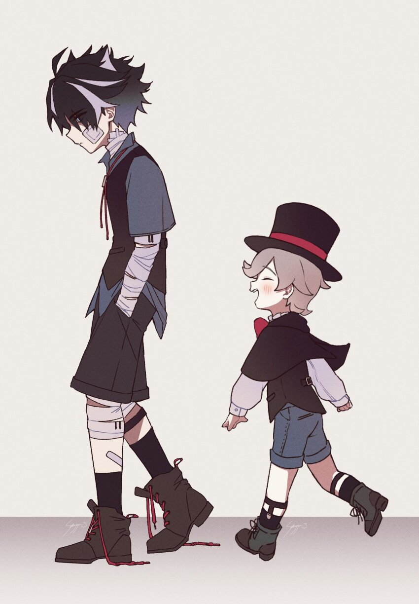 2boys :d ^_^ aged_down artist_name bandaged_arm bandaged_leg bandages bandaid bandaid_on_leg black_capelet black_hair black_hat black_shorts black_socks black_vest blue_eyes blue_shirt blue_shorts blush boots brown_footwear capelet child closed_eyes closed_mouth collared_shirt commentary_request following frilled_shirt_collar frills frown gauze gauze_on_cheek gauze_on_neck genshin_impact green_footwear grey_hair hands_in_pockets happy hat highres ice_s_s_z long_sleeves lyney_(genshin_impact) multicolored_hair multiple_boys neck_ribbon open_mouth profile red_ribbon ribbon shaded_face shirt shoelaces short_hair short_sleeves shorts signature simple_background smile socks streaked_hair teeth top_hat upper_teeth_only vest walking white_background white_shirt wriothesley_(genshin_impact)