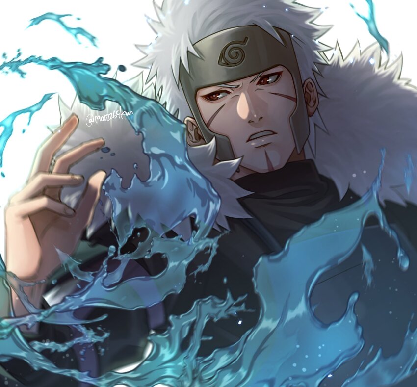 1boy black_shirt blurry depth_of_field highres hydrokinesis kemu_(19002265km) long_sleeves male_focus naruto_(series) red_eyes scar scar_on_face senju_tobirama shirt short_hair sideways_glance solo twitter_username water white_background white_hair