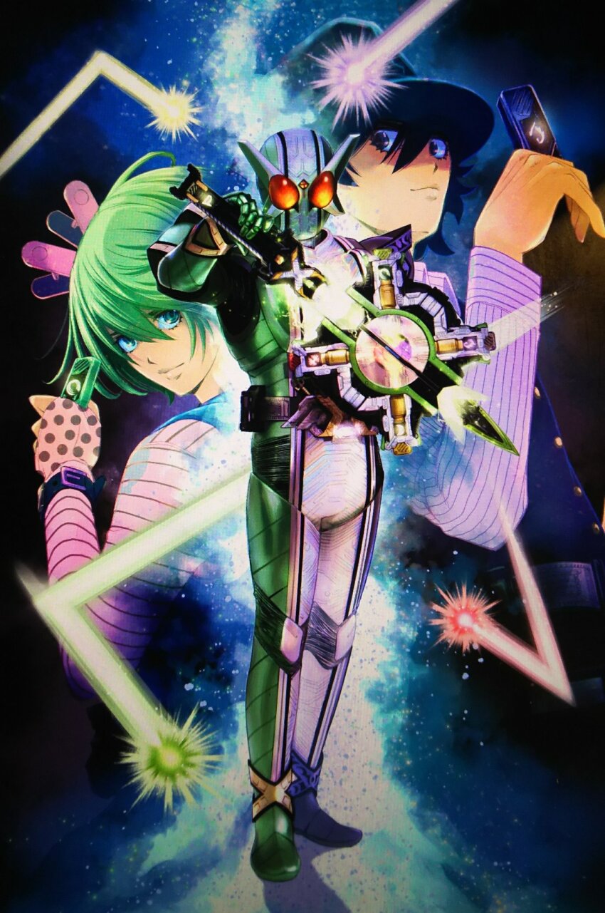 1boy 2boys armor belt black_hair black_pants book boots commentary_request detective double_driver electricity fedora fuuto_tantei gaia_memory green_eyes green_hair hat hidari_shoutarou highres holding holding_shield holding_sword holding_weapon kamen_rider kamen_rider_double kamen_rider_double_(cyclonejokerxtreme) kamen_rider_w long_sleeves looking_at_viewer male_focus multiple_boys necktie official_art open_hands pants philip_(kamen_rider) red_eyes rider_belt sato_masaki_(masayakofu) scarf science_fiction shield sleeves_past_wrists sword tokusatsu tower v-fin vest weapon
