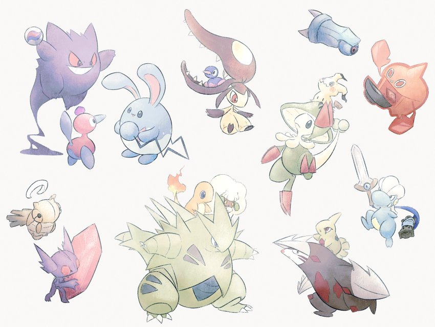 absurdres alternate_color azumarill bagon beldum breloom charmander claws eviolite excadrill fire fireblast flame-tipped_tail gem gen_1_pokemon gen_2_pokemon gen_3_pokemon gen_4_pokemon gen_5_pokemon gen_6_pokemon gen_7_pokemon gengar grin halo highres holding holding_gem holding_sword holding_weapon honedge larvitar looking_down mawile mega_pokemon mega_sableye mega_stone mimikyu nintendo on_head pokemon pokemon_(creature) pokemon_on_head porygon2 red_eyes red_gemstone rotom rotom_(heat) sableye shedinja shiny_pokemon simple_background smile sword tail tyranitar weapon whimsicott white_background