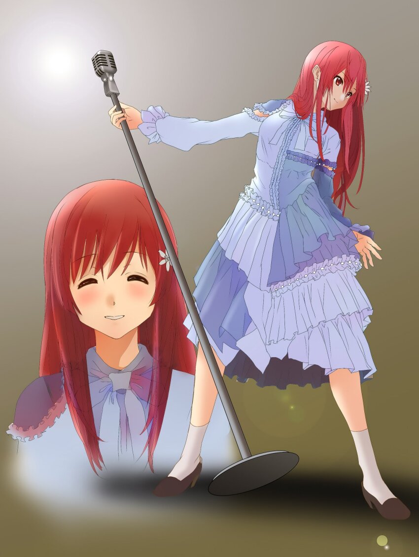 1girl 22/7 bxtbsy7q76gxh73 closed_eyes closed_mouth flower full_body hair_flower hair_ornament highres holding holding_microphone_stand long_hair looking_at_viewer microphone_stand muzui parted_lips red_eyes red_hair sato_reika standing