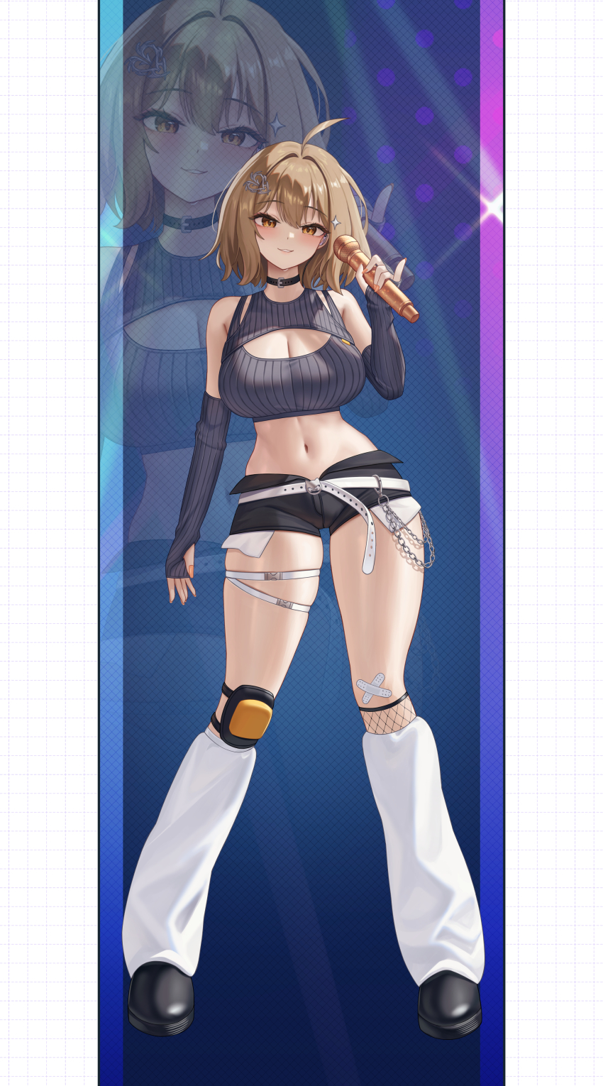 1girl absurdres ahoge alternate_costume anis_(nikke) bare_shoulders black_choker black_shoes black_shorts blue_background border breasts brown_hair choker cleavage cropped_sweater detached_sleeves full_body goddess_of_victory:_nikke highres holding holding_microphone large_breasts looking_at_viewer microphone navel parted_lips shoes short_hair short_shorts shorts smile socks solo stomach subob_(subobdesu) thighs white_border white_socks yellow_eyes zoom_layer