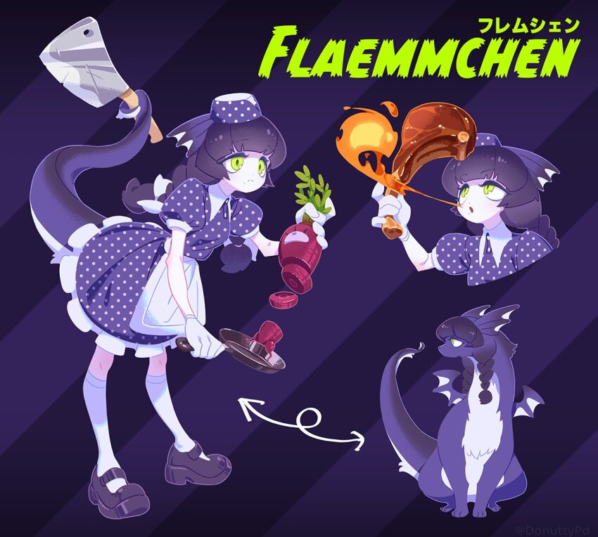 1girl apron arm_up arrow_(symbol) black_footwear black_hair bow braid breath_weapon breathing_fire buttons character_name colored_skin cooking curling donuttypd dots dragon dragon_girl dragon_tail dragon_wings dress expressionless fire flaemmchen_(donuttypd) fluffy food frown gloves green_skin hair_bow hands_up hat holding holding_food holding_pan holding_vegetable kneehighs knife leaf long_hair looking_ahead looking_at_object looking_up meat medium_dress mole monster_girl original pale_skin polka_dot polka_dot_dress polka_dot_headwear purple_background purple_dress purple_headwear purple_skin simple_background sliced socks striped_background swirl tail twin_braids vegetable waist_apron white_apron white_bow white_gloves white_socks wings