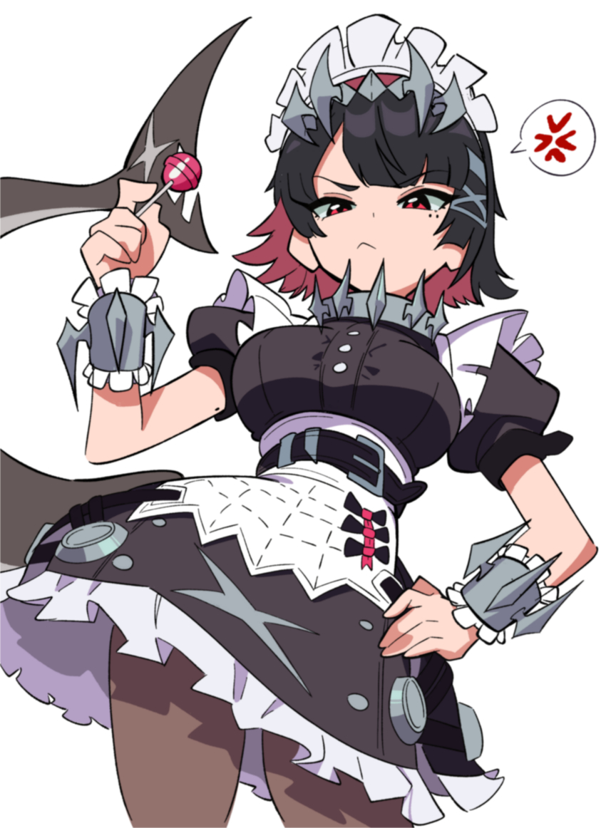1girl :&lt; absurdres anger_vein apron black_dress black_hair black_pantyhose breasts candy closed_mouth commentary dress ellen_joe fins fish_tail food frills hand_on_own_hip highres holding holding_candy holding_food holding_lollipop large_breasts lollipop looking_at_viewer maid maid_headdress mole mole_under_eye multicolored_hair osa_(osavocaloid) pantyhose puffy_short_sleeves puffy_sleeves red_eyes red_hair shark_girl shark_tail short_hair short_sleeves simple_background solo spoken_anger_vein tail white_apron white_background zenless_zone_zero