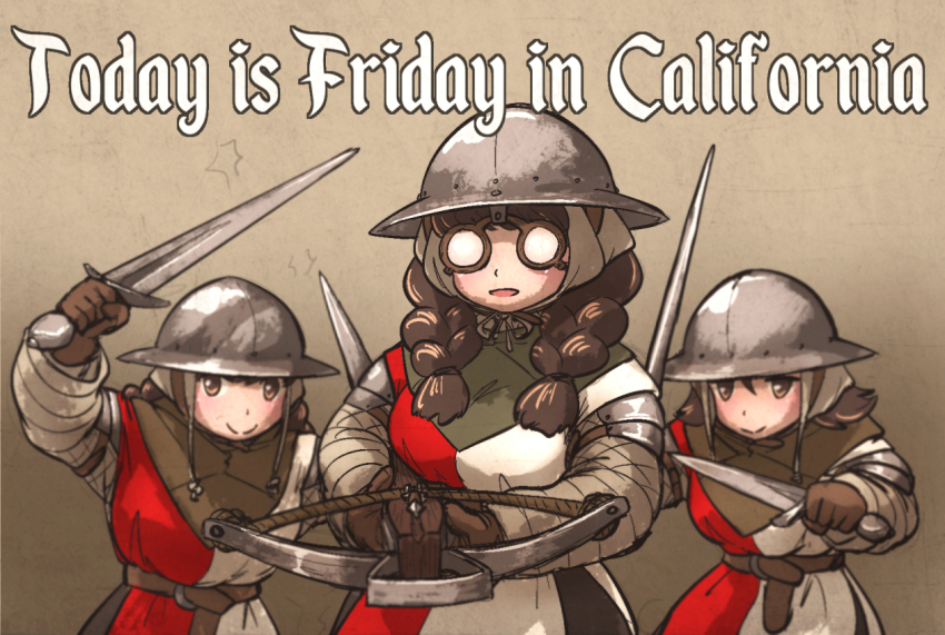 3girls bow_(weapon) brown_hair crossbow english_text gambeson glasses gloves holding holding_sword holding_weapon ironlily kettle_helm long_hair looking_at_viewer medieval meme multiple_girls ninja_sentai_kakuranger opaque_glasses ordo_mediare_sisters_(ironlily) short_hair smile super_sentai sword today_is_friday_in_california_(meme) twin_braids_sister_(ironlily) weapon