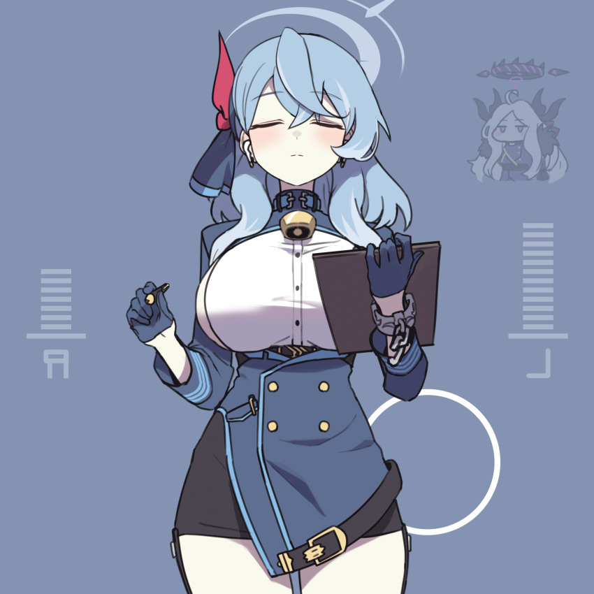 2girls ako_(blue_archive) animated animated_gif bell black_skirt blue_archive blue_eyes blue_gloves blue_hair blush bouncing_breasts breasts closed_mouth cowbell dancing earphones framed_breasts gloves highres hina_(blue_archive) holding holding_pen korean_commentary large_breasts long_sleeves looping_animation medium_hair miniskirt multiple_girls neck_bell open_mouth pen pencil_skirt sideboob skirt smile solo_focus sushispin thighs white_hair