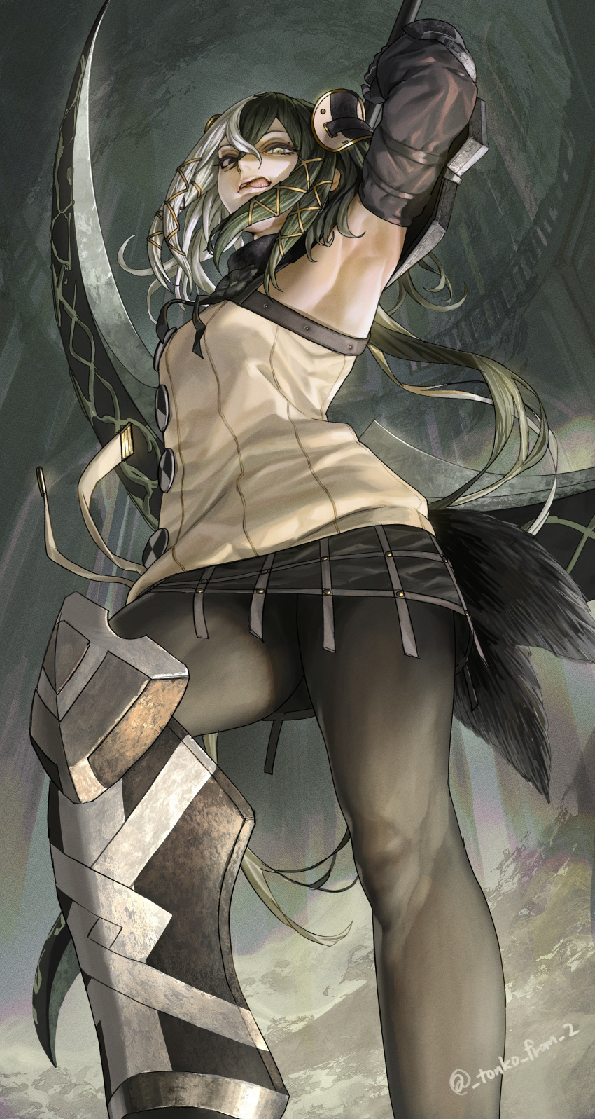 1girl absurdres antilene_heran_fouche armpits black_gloves black_hair from_below gloves hair_between_eyes hair_ornament heterochromia highres holding holding_scythe licking_lips long_hair looking_at_viewer multicolored_hair overlord_(maruyama) scythe skirt solo sweater tongue tongue_out tonko_from two-tone_hair white_eyes white_hair white_sweater