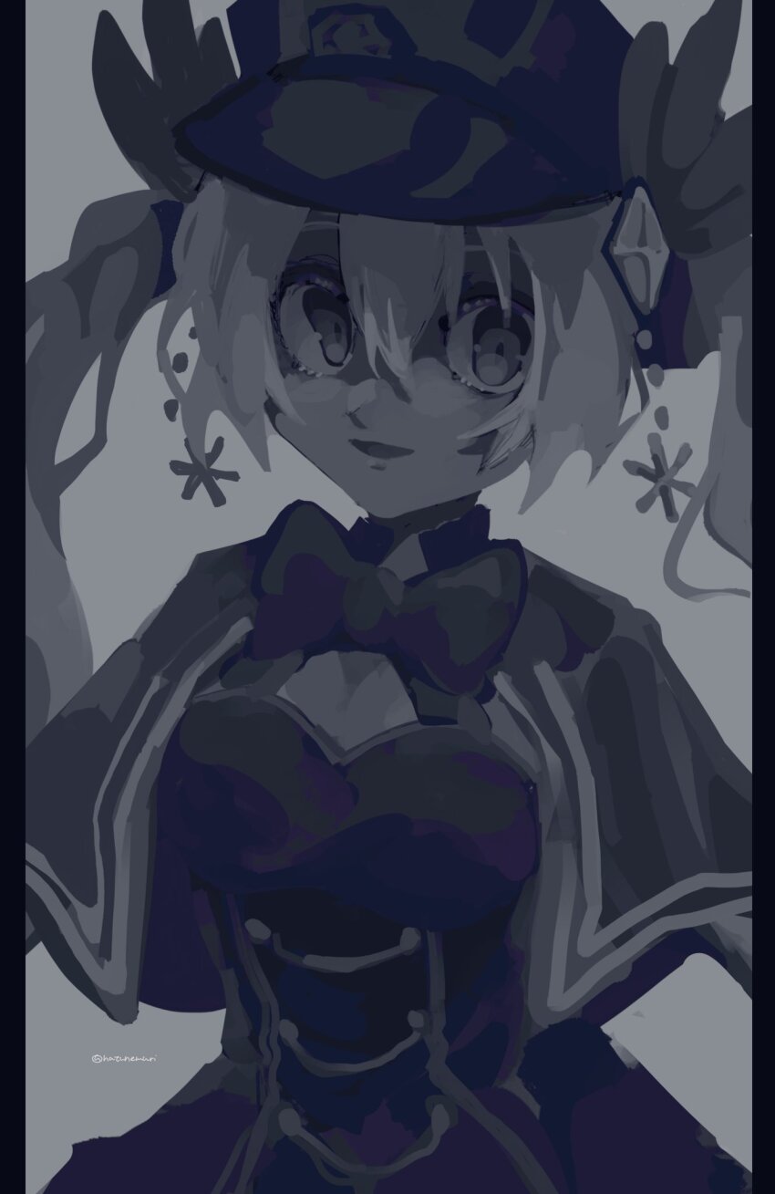 1girl artistic_error bad_id bad_twitter_id black_border border breasts capelet chaos_gerda_(gakuen)_(grimms_notes) cleavage grimms_notes grimms_notes_gakuen hair_ornament hat highres nemuko_(natunemuri) open_mouth partially_colored ribbon shaded_face smile solo twitter_username upper_body