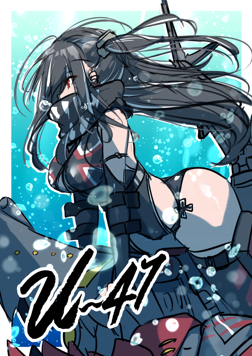 1girl absurdres air_bubble azur_lane black_gloves black_hair black_one-piece_swimsuit black_scarf black_thighhighs border bubble character_name cross elbow_gloves from_side gloves highres iron_cross long_hair multicolored_hair one-piece_swimsuit oriue_wato outside_border red_eyes rigging scarf sketch solo streaked_hair swimsuit thighhighs u-47_(azur_lane) underwater white_border white_hair