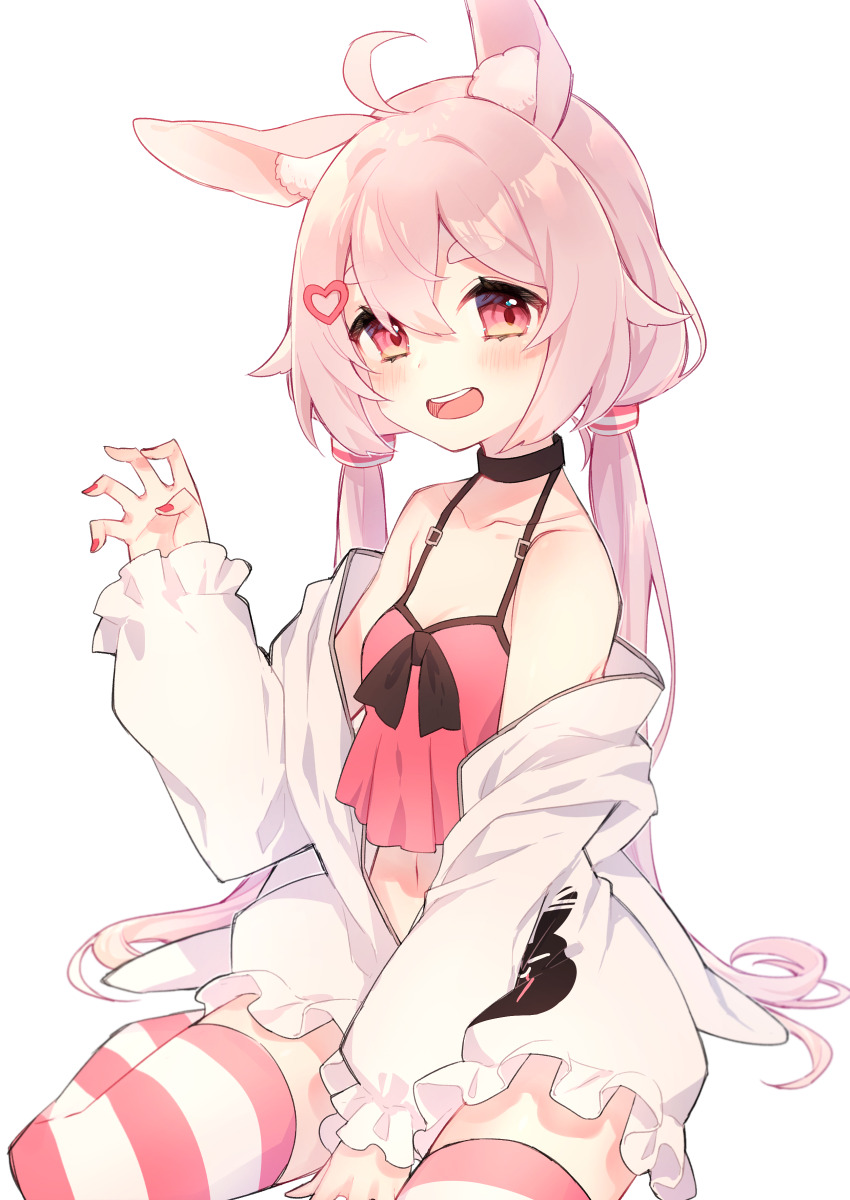 1girl absurdres ahoge animal_ear_fluff animal_ears animal_print bare_shoulders between_legs black_choker blush breasts camisole chiyomaru_(yumichiyo0606) choker claw_pose collarbone cowboy_shot crop_top flipped_hair frilled_jacket frills hair_between_eyes hair_flaps hair_ornament hand_between_legs hand_up heart heart_hair_ornament highres indie_virtual_youtuber jacket jacket_partially_removed long_hair looking_at_viewer low_twintails nail_polish navel open_clothes open_jacket open_mouth pink_hair rabbit_ears rabbit_print red_camisole red_eyes red_nails simple_background sitting small_breasts smile solo striped_clothes striped_thighhighs teeth thick_eyebrows thighhighs tomari_mari twintails upper_teeth_only very_long_hair virtual_youtuber wariza white_background white_jacket