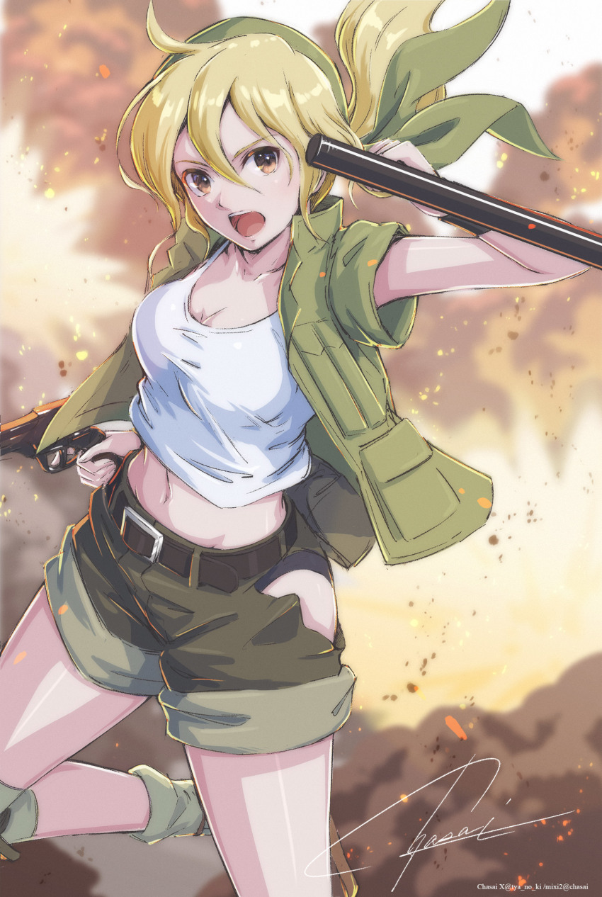 1girl absurdres bandana baton_(weapon) belt blonde_hair breasts crop_top explosion explosion_background green_bandana green_vest gun handgun highres kasamoto_eri knee_pads metal_slug midriff navel open_clothes open_vest short_shorts shorts signature tyanoki utility_vest vest weapon