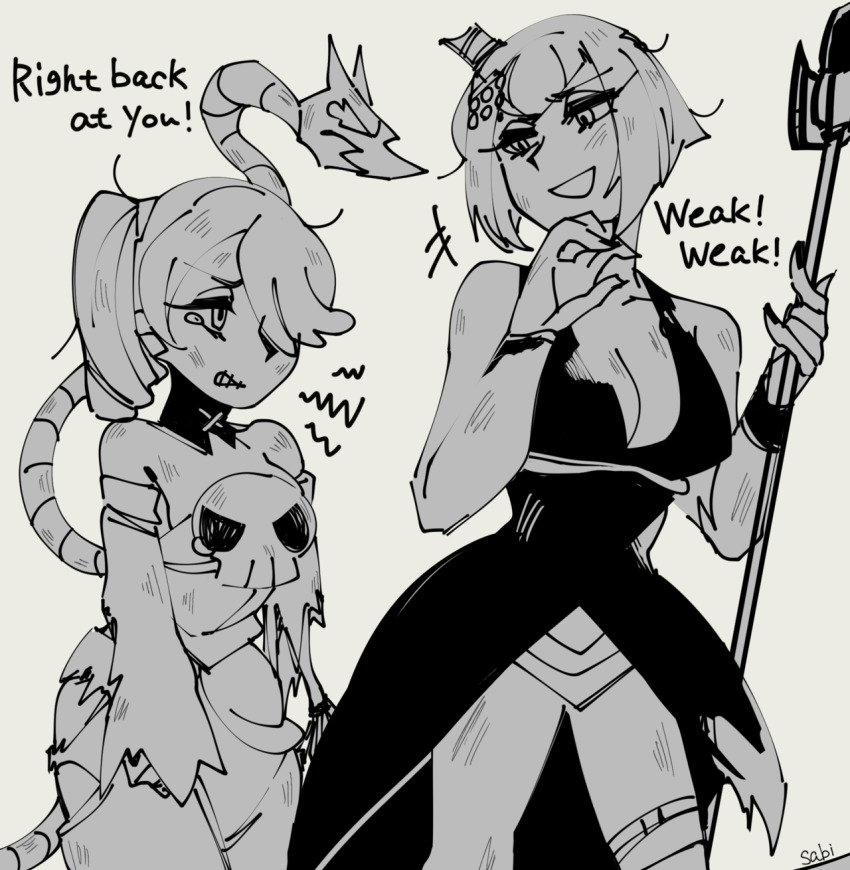 2girls artist_name breasts burnt_clothes cleavage detached_collar detached_sleeves dress eliza_(skullgirls) hair_over_one_eye highres laughing leviathan_(skullgirls) microphone_stand monochrome multiple_girls open_mouth sabi side_ponytail signature skullgirls smile squigly_(skullgirls) stitches tears