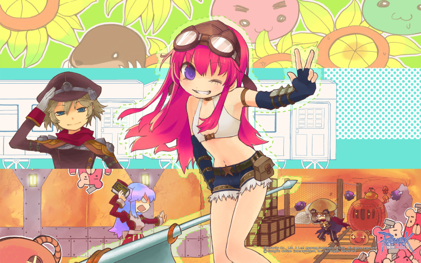 2boys 2girls :3 angry assassin_cross_(ragnarok_online) aura_(a440) axe belt_buckle belt_pouch bikini bikini_top_only black_hat black_jacket black_pants black_shirt blue_eyes blue_shorts book brown_hair buckle cave chain-link_fence closed_mouth copyright_notice dress einbroch_guard feet_out_of_frame fence fingerless_gloves flat_chest flower fur-trimmed_shorts fur_trim geographer_(ragnarok_online) glasses gloves goggles goggles_on_head grey_gloves grin guest_art hat high_priest_(ragnarok_online) highres holding holding_axe holding_book in-universe_location jacket juliet_sleeves logo long_hair long_sleeves looking_at_viewer metaling midriff mole_(animal) multiple_boys multiple_girls navel obsidian_(ragnarok_online) official_art official_wallpaper one_eye_closed open_mouth oven pants peaked_cap pink_hair poporing poring pouch puffy_sleeves purple_eyes ragnarok_online railroad_tracks red_dress red_scarf rice_hat rock running sack salute sash scarf screw shirt short_hair short_shorts shorts slime_(creature) smile star_(symbol) swimsuit teddy_bear_(ragnarok_online) train two-tone_dress vambraces w waste_stove white_bikini white_dress white_sash whitesmith_(ragnarok_online) wooden_box yellow_flower