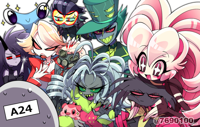 +_+ :d :| ahoge animal arackniss baxter_(hazbin_hotel) behind_another black_fur black_gloves black_hair black_hat black_horns black_jacket black_nails black_shirt blue_sclera bow bowtie breasts bright_pupils brother_and_sister brown_gloves character_request circle_facial_mark claw_pose cleavage closed_mouth collared_shirt colored_sclera colored_skin colored_teeth commentary_request demon_girl demon_horns earrings elbow_gloves extra_eyes eyelashes fangs fat_nuggets fedora fewer_digits fingerless_gloves fingernails fins fur-trimmed_jacket fur-trimmed_sleeves fur_trim gas_mask gloves goggles green_eyes green_hat green_jacket green_sclera green_teeth grey_hair grey_jacket grey_skin grin hairband hands_on_another&#039;s_cheeks hands_on_another&#039;s_face hat hazbin_hotel head_fins hellaverse high_ponytail highres holding holding_animal horns jacket jewelry jitome katie_killjoy lapels layered_sleeves long_fingernails long_hair looking_ahead mask menattou molly_(hazbin_hotel) multicolored_hair multiple_boys multiple_girls necktie open_mouth pig pink_hair pink_hairband pink_jacket pink_nails ponytail red_eyes red_nails red_necktie red_sclera red_shirt sharp_fingernails sharp_teeth shirt short_hair siblings simple_background sleeveless sleeveless_shirt sleeveless_turtleneck small_breasts smile sparkle streaked_hair sweat tareme teeth tom_trench tongue traditional_bowtie tsurime turtleneck turtleneck_shirt twitter_username two-tone_hair upper_body upper_teeth_only v-shaped_eyebrows very_long_hair very_short_hair white_background white_fur white_hair white_pupils white_skin yellow_bow yellow_bowtie yellow_shirt