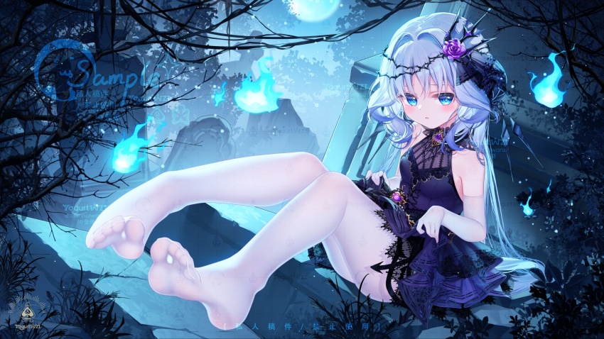 1girl bare_shoulders blue_eyes clothes_lift commission dress elbow_gloves gloves hair_ornament highres original pantyhose purple_dress skirt skirt_lift soles solo suaynnai_wanzi watermark white_hair white_pantyhose