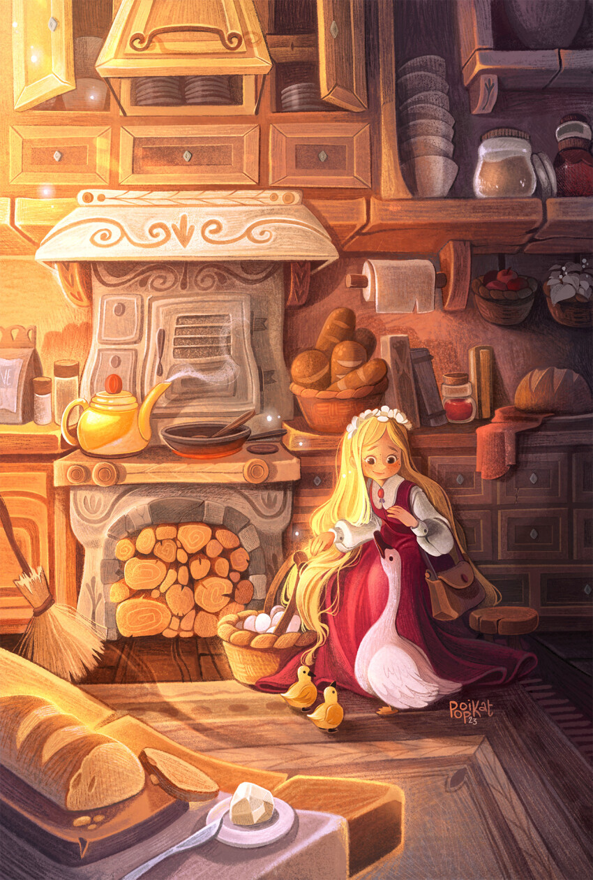 1girl bag basket bird blonde_hair book bowl bread bread_slice brooch broom cabinet chick closed_mouth commentary dated dress egg english_commentary firewood food frying_pan gem goose head_wreath highres holding holding_basket indoors jar jewelry kitchen kneeling knife loaf_of_bread long_hair long_sleeves looking_at_animal original paper_towel paper_towel_holder pepper_shaker plate poopikat puffy_long_sleeves puffy_sleeves red_dress red_gemstone rug salt_shaker satchel shirt signature solo spoon table teapot very_long_hair white_shirt wood-burning_stove wooden_floor wooden_spoon wooden_stool wooden_table