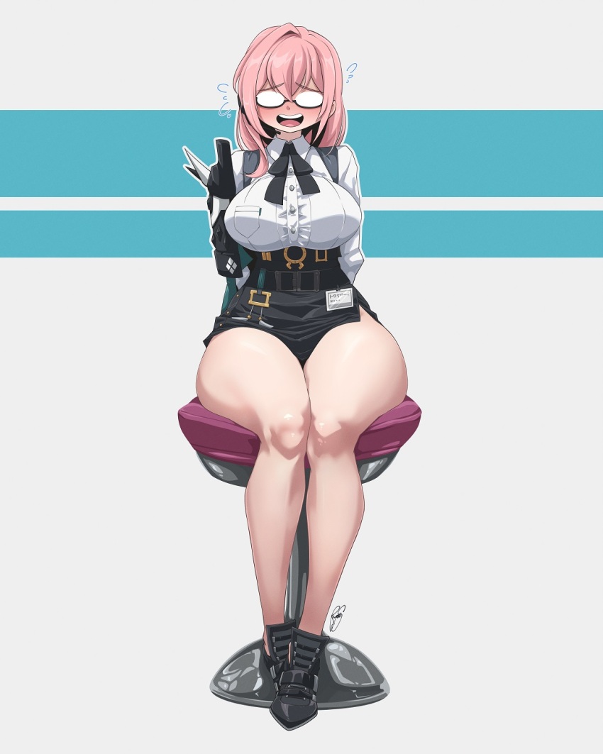 1girl arms_behind_back bare_legs belt black_skirt blush breasts full_body furrowed_brow glasses grey_background hair_between_eyes high-waist_skirt highres large_breasts legs long_hair open_mouth pencil_skirt pink_hair ryou_sakai shirt sidelocks simple_background sitting skirt solo sweatdrop thick_thighs thighs tsukishiro_yanagi white_shirt zenless_zone_zero