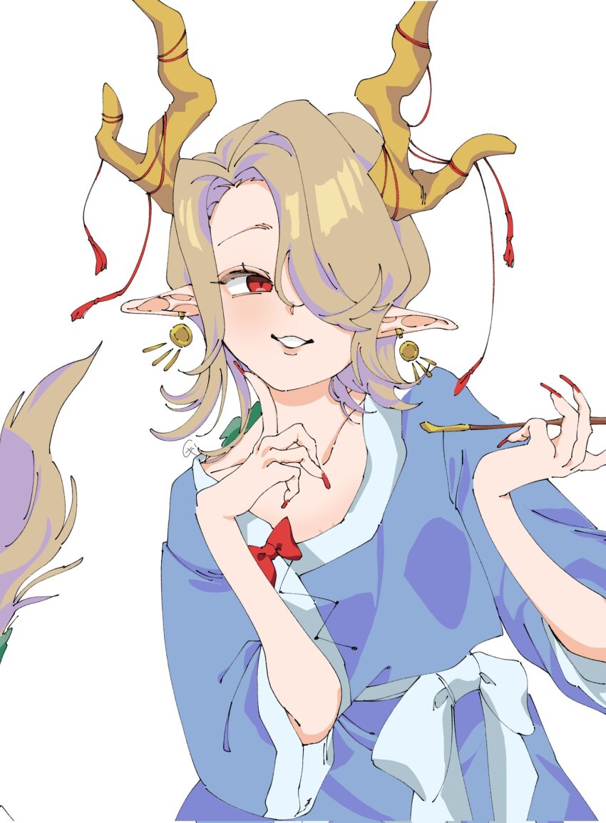 1girl antlers blonde_hair blue_shirt dragon_girl dragon_horns dragon_tail earrings fingernails fujimugi fur-tipped_tail green_scales green_tail hair_over_one_eye highres holding holding_smoking_pipe horn_ornament horn_ribbon horns jewelry kicchou_yachie long_fingernails monster_girl nail_polish one_eye_covered pointy_ears red_eyes red_nails red_ribbon ribbon scales shirt short_hair smile smoking smoking_pipe solo square_neckline tail touhou turtle_shell yellow_horns