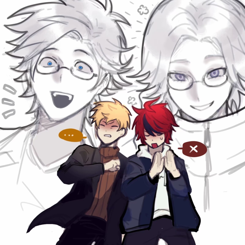 ... 4boys :d ahoge aotsuki_eito atou_haruki black_hair black_jacket black_pants blonde_hair blue_eyes brown_sweater chinese_commentary clenched_teeth closed_eyes commentary_request constricted_pupils crossover glasses grin highres hood hood_down hoodie jacket jacket_over_hoodie kanou_aogu male_focus multicolored_hair multiple_boys notice_lines open_clothes open_jacket open_mouth pants purple_eyes red_hair ribbed_sweater saibou_shinkyoku short_hair smile speech_bubble spoken_ellipsis spoken_x streaked_hair sumino_takumi sweat sweater teeth the_hundred_line_-last_defense_academy- turtleneck turtleneck_sweater two-tone_hair white_hoodie xingyin730
