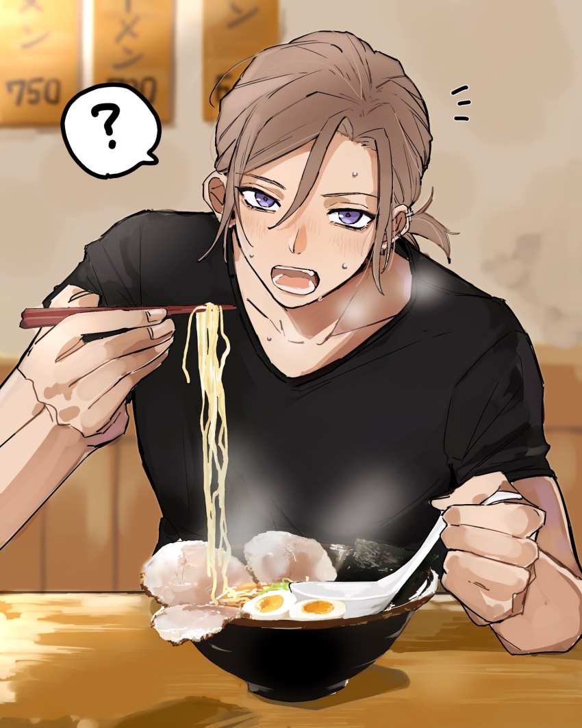 1boy :o a3! black_shirt blurry blurry_background blush bowl brown_hair char-siu chopped_spring_onion chopsticks ear_piercing eating food hair_between_eyes highres holding holding_chopsticks holding_spoon hunched_over kesiks0616 looking_at_viewer male_focus nori_(seaweed) notice_lines open_mouth piercing ponytail purple_eyes ramen_ladle restaurant settsu_banri shirt short_hair short_sleeves softboiled_egg solo spoon steam sweat t-shirt table teeth upper_body v-neck wooden_wall