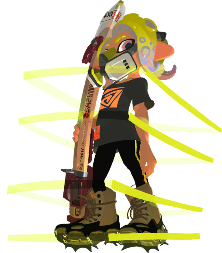 1girl ankle_boots arm_at_side barazushi_(splatoon) barazushi_black_tee_(splatoon) black_leggings black_shirt black_sleeves blonde_hair boots brown_boots collarbone eyebrow_cut fashion gas_mask gun highres holding holding_weapon inoue_seita lace-up_boots leather leather_boots leggings legs_apart logo_print looking_at_viewer mask monster_girl nintendo no_lineart nouveau_(splatoon) octoling octoling_girl octoling_player_character official_art pink_eyes print_shirt rifle scylla second-party_source shirt simple_background single_vertical_stripe sniper_rifle snipewriter_5b_(splatoon) solo spiked_boots spiked_duck_boots_(splatoon) splat_zones_(splatoon) splatoon_(series) splatoon_3 standing t-shirt tentacle_hair transparent_background vertical-striped_leggings weapon