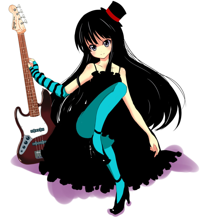 00s 1girl akiyama_mio bass_guitar black_hair blue_pantyhose blunt_bangs don&#039;t_say_&quot;lazy&quot; female_focus gloves gothic_lolita hat highres hime_cut instrument k-on! lolita_fashion long_hair mini_hat mini_top_hat nickq pantyhose single_glove solo striped top_hat
