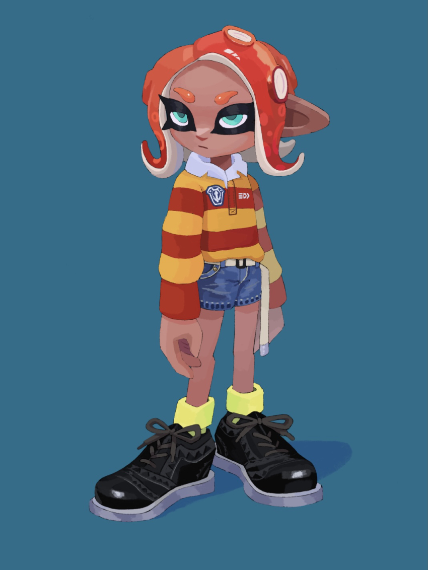 1girl :/ aqua_eyes arms_at_sides belt black_shoes blue_background blue_shorts closed_mouth denim denim_shorts diagonal-striped_shirt full_body half-closed_eyes highres hyper_chikuwabu legs_apart long_hair long_sleeves nintendo octoling octoling_girl octoling_player_character orange_hair shadow shirt shirt_tucked_in shoelaces shoes shorts simple_background socks solo splatoon_(series) standing striped_clothes striped_shirt tentacle_hair white_belt yellow_socks