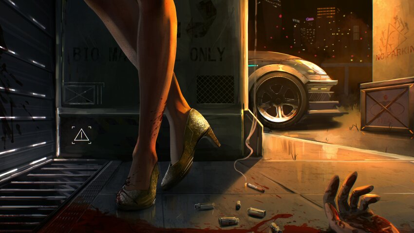1girl absurdres alley blood blood_on_hands blood_trail car cigarette city_lights copyright_request crossed_ankles grate high_heels highres motor_vehicle night sewer_grate shell_casing skyline smoke spindle_(aidenr0) standing