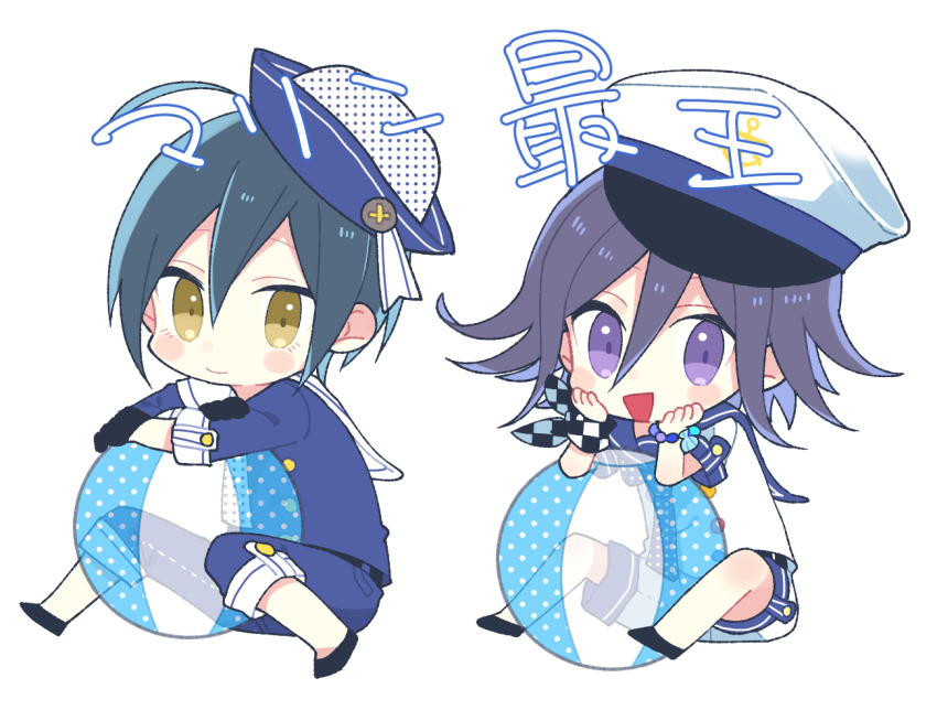 2boys ahoge alternate_costume anchor_print ball bare_legs beachball bead_bracelet beads black_footwear black_gloves black_hair blue_hat blue_pants blue_sailor_collar blue_shirt blue_sleeves blush_stickers bracelet buttons checkered_wristband chibi closed_mouth collared_shirt crossed_arms danganronpa_(series) danganronpa_v3:_killing_harmony gloves hair_between_eyes hands_on_own_cheeks hands_on_own_face happy hat jewelry long_sleeves male_focus multicolored_buttons multiple_boys oma_kokichi open_mouth pants polka_dot_headwear purple_eyes purple_hair saihara_shuichi sailor sailor_collar sailor_hat sailor_shirt shell shirt shoes short_hair short_sleeves shorts simple_background sitting three-quarter_sleeves smile two-tone_hat two-tone_wristband unmoving_pattern white_background white_hat white_sailor_collar white_shirt white_shorts white_sleeves wristband yomoda_(7taizai7bitoku)