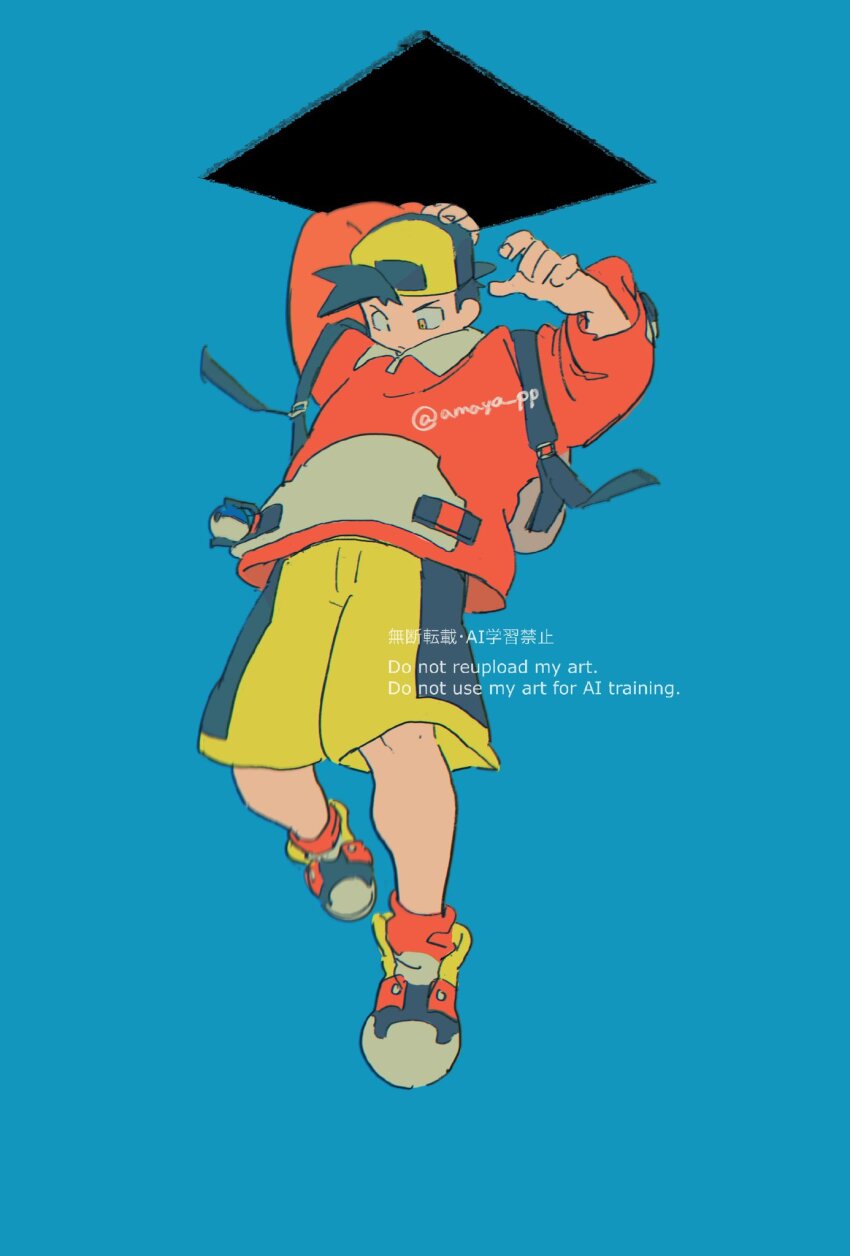 1boy amaya_uw arm_up backpack backwards_hat bag blue_background closed_mouth ethan_(pokemon) full_body grey_bag hand_up hat highres jacket knees looking_down male_focus nintendo pokemon pokemon_gsc shoes shorts socks solo watermark yellow_shorts