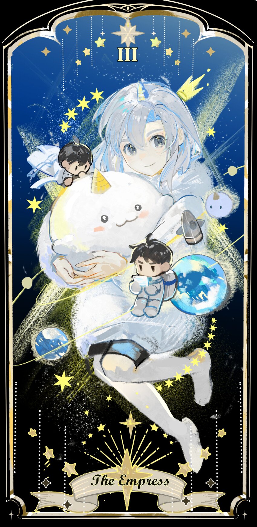 1girl 2boys :3 absurdres astronaut black_eyes black_hair blush border canvas_texture coat curtained_hair dokkaebi drawn_crown floating fur_coat gradient_background grey_eyes hair_between_eyes hair_flowing_over highres kim_dokja knees_together_feet_apart lantercat lee_seolhwa light_particles mini_person miniboy monitor multiple_boys night night_sky omniscient_reader&#039;s_viewpoint orbital_path ornate_border planet rocket short_hair sidelocks size_difference sky smile socks spacesuit sparkling_eyes star_(sky) star_(symbol) starry_sky tarot the_empress_(tarot) unicorn_horn white_coat white_hair white_socks yoo_joonghyuk