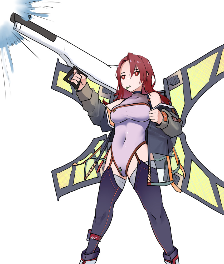 1girl absurdres after_war_gundam_x black_thighhighs boots breasts bullpup closed_mouth clover commentary covered_navel energy_cannon energy_weapon expressionless feet_out_of_frame girls&#039;_frontline gun gundam hair_over_one_eye highres holding holding_gun holding_weapon jacket jitome large_breasts long_hair mechanical_wings mouth_hold off_shoulder over_shoulder red_eyes red_hair satellite_cannon see-through_clothes see-through_jacket shield_module simple_background solo thighhighs ts12_(girls&#039;_frontline) weapon weapon_over_shoulder white_background wings yanagui_yugi