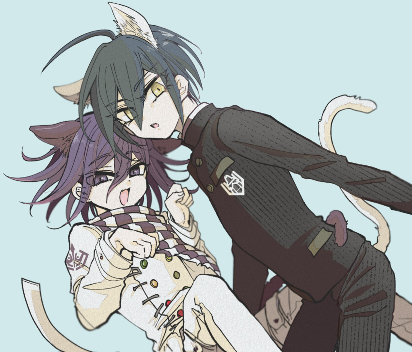 2boys ahoge animal_ears between_legs black_hair black_jacket blue_background buttons cat_boy cat_ears cat_tail checkered_clothes checkered_scarf collared_jacket commentary_request danganronpa_(series) danganronpa_v3:_killing_harmony double-breasted eyelashes flipped_hair from_side hair_between_eyes highres jacket long_sleeves looking_at_viewer male_focus medium_hair multicolored_buttons multiple_boys oma_kokichi open_mouth pants paw_pose purple_eyes purple_hair saihara_shuichi scarf short_hair simple_background smile striped_clothes striped_jacket suzuko_(katahaba_v3) tail tail_wrap two-tone_scarf yaoi yellow_eyes