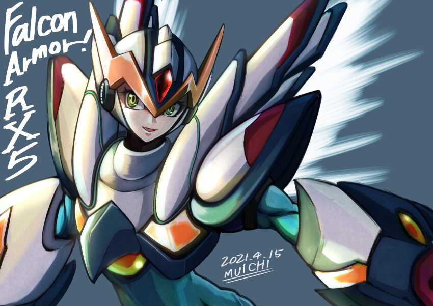 1boy agetatekoron2 android armor character_name copyright_name dated eyelashes falcon_armor_x_(mega_man) forehead_jewel green_eyes helmet highres male_focus mechanical_arms mega_man_(series) mega_man_x5 mega_man_x_(series) simple_background solo upper_body white_armor white_helmet x_(mega_man)