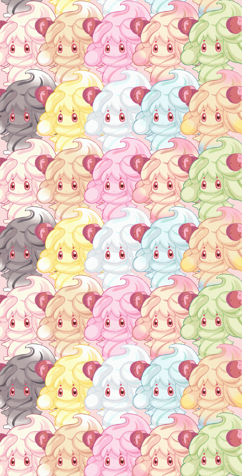 absurdres alcremie alcremie_(caramel_swirl) alcremie_(lemon_cream) alcremie_(matcha_cream) alcremie_(mint_cream) alcremie_(rainbow_swirl) alcremie_(ruby_cream) alcremie_(ruby_swirl) alcremie_(salted_cream) alcremie_(strawberry_sweet) alcremie_(vanilla_cream) alternate_color brown_background closed_mouth food fruit gen_8_pokemon heart heart-shaped_pupils highres looking_at_viewer nintendo no_humans pikomarie pokemon pokemon_(creature) red_eyes simple_background strawberry symbol-shaped_pupils too_many