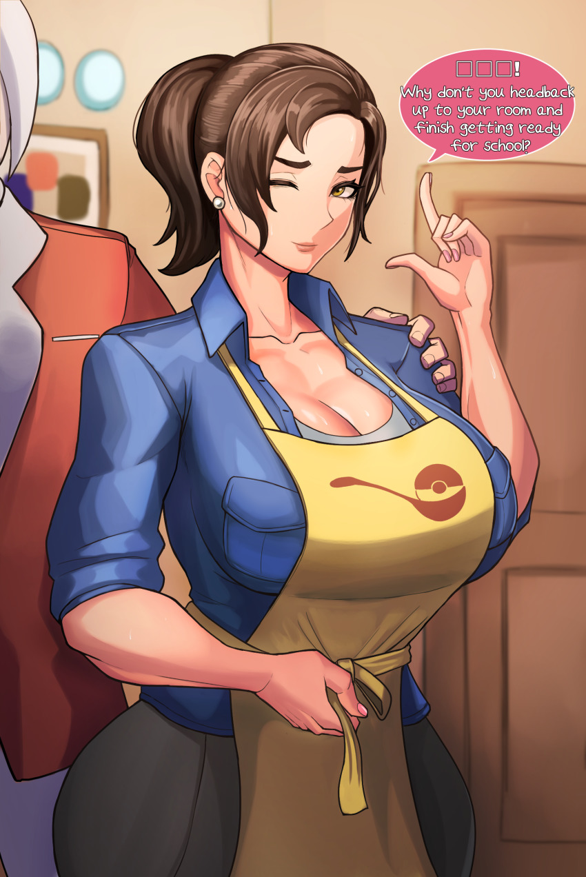 1boy 1girl apron blue_shirt breast_pocket breasts brown_hair clavell_(pokemon) cleavage closed_mouth commentary earrings english_text eyelashes hand_on_another&#039;s_shoulder hand_up hetero highres index_finger_raised indoors jacket jewelry kingbang large_breasts mature_female mother_(pokemon) nail_polish nintendo one_eye_closed orange_jacket paldea_mother pink_nails pocket poke_ball_print pokemon pokemon_sv ponytail shirt smile speech_bubble yellow_apron