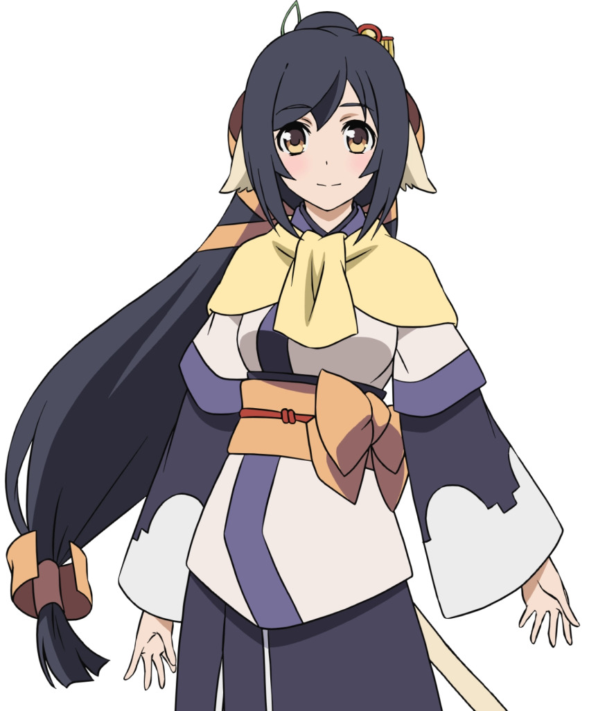 1girl absurdly_long_hair ainu_clothes animal_ears aquaplus black_hair blush breasts brown_eyes cat_tail closed_mouth cowboy_shot dress gradient_eyes hair_between_eyes hair_ornament high_ponytail highres kuon_(utawarerumono) layered_sleeves long_hair long_sleeves looking_at_viewer low-tied_long_hair medium_breasts multicolored_eyes nakata_masahiko official_art orange_sash ponytail raised_eyebrows sash scarf sidelocks smile solo standing swept_bangs tail transparent_background utawarerumono utawarerumono:_futari_no_hakuoro utawarerumono:_itsuwari_no_kamen very_long_hair white_fox_(company) white_tail wide_sleeves yellow_scarf