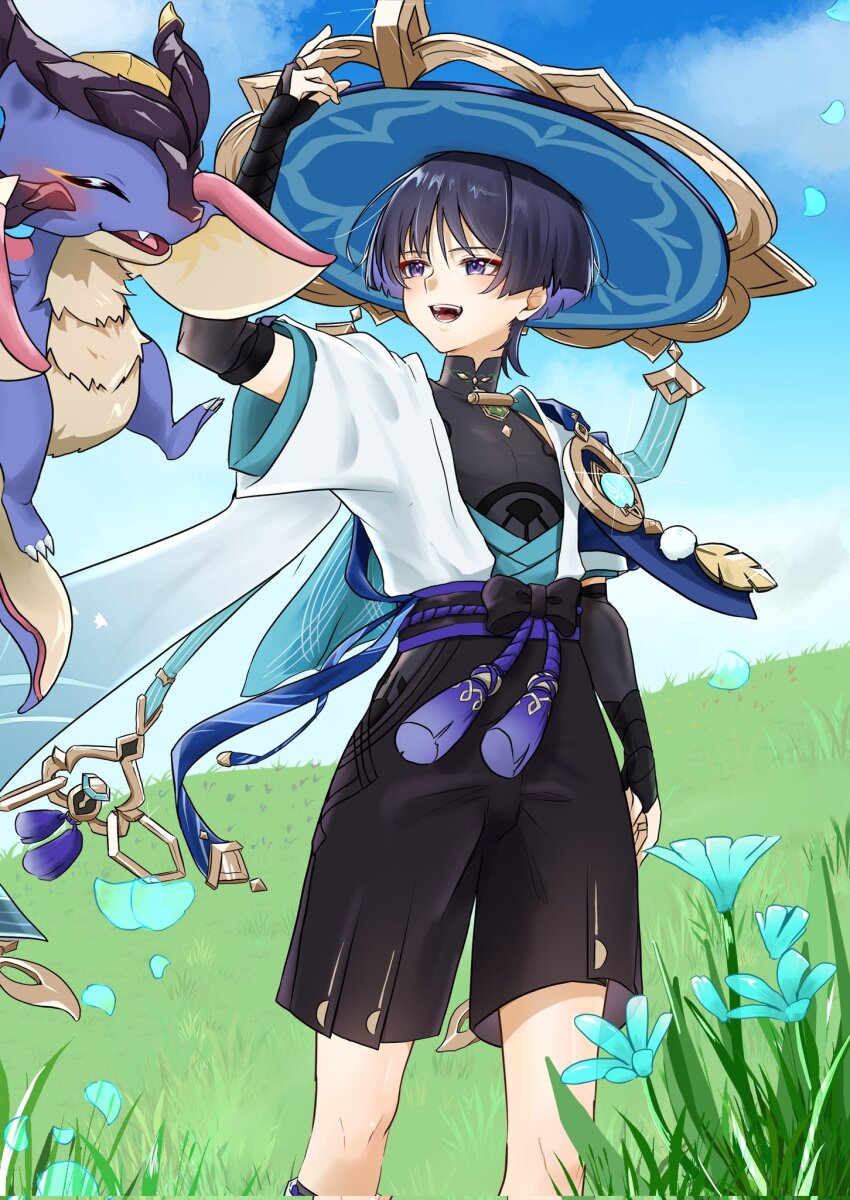 1boy anemo_symbol_(genshin_impact) animal_print aqua_flower aqua_kimono aqua_petals aqua_sleeves arm_at_side arm_up armor belt bird_print black_belt black_bodysuit black_bow black_bridal_gauntlets black_hair black_shorts blue_gemstone blue_hat blue_sky blunt_ends blush bodysuit bow bridal_gauntlets choppy_bangs cloud cloudy_sky colored_inner_hair dragon eyeliner eyeshadow falling_petals feathers flower furisode gem genshin_impact glint gold gold_ring grass hakama hakama_shorts hat highres hip_vent japanese_armor japanese_clothes jingasa juban kimono kote kurokote layered_sleeves looking_at_animal makeup male_focus mandarin_collar middle_ring mini_durin_(dragon)_(genshin_impact) mini_durin_(genshin_impact) multicolored_hair open_clothes open_kimono open_mouth outdoors petals pleated_shorts pom_pom_(clothes) purinigax purple_eyes purple_hair purple_rope purple_sash red_eyeliner red_eyeshadow rope sash scaramouche_(genshin_impact) short_sleeves shorts shoulder_peek sky small_dragon standing tassel teeth tongue wanderer_(genshin_impact) white_kimono white_sleeves yellow_feathers