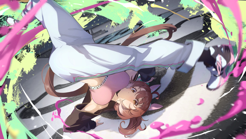 1girl absurdres ahoge alternate_costume animal_ears breakdance breasts brown_eyes brown_hair commentary_request dantsu_flame_(umamusume) ear_covers flexible handstand highres horse_ears horse_girl horse_tail large_breasts looking_at_viewer low_poly multicolored_hair pants pink_sports_bra shoes short_hair solo sports_bra streaked_hair sweatpants tail umamusume upside-down white_hair white_pants yakousei_a