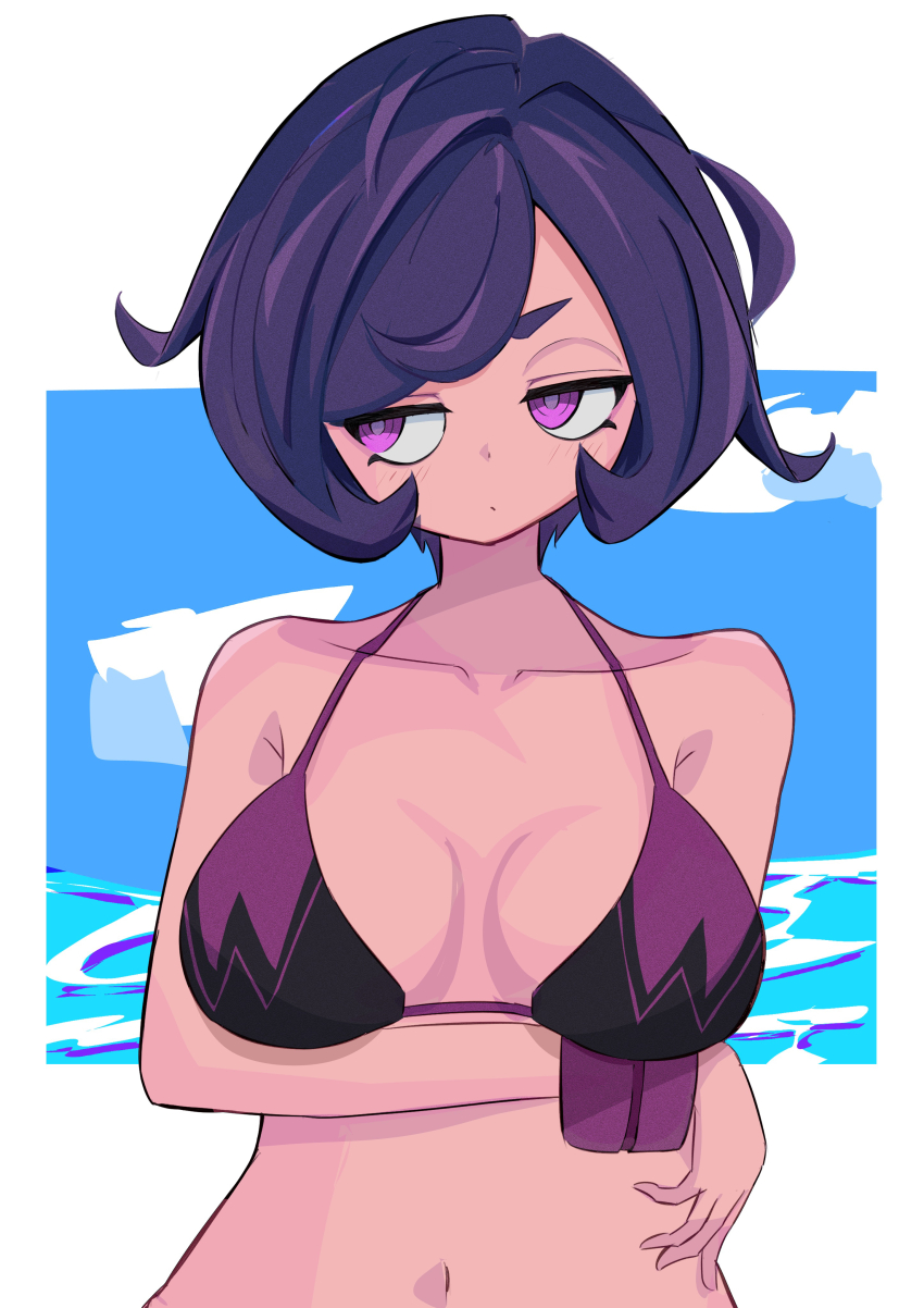 1girl absurdres arm_between_breasts armlet between_breasts bikini bra breasts cloud courtney_(pokemon) highres ida_(idalol490) jewelry light_blush looking_to_the_side medium_breasts multicolored_bra multicolored_clothes navel nintendo ocean pokemon pokemon_oras purple_eyes purple_hair short_hair solo swimsuit underwear