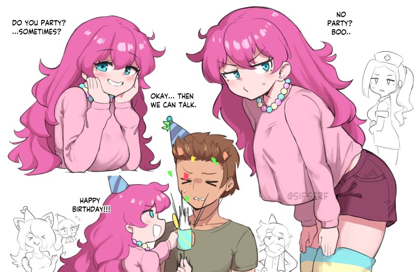 &gt;_&lt; 3boys 3girls :d artist_name bead_necklace beads blue_eyes blue_hat blush breasts brown_hair character_request collarbone commentary cowboy_shot cropped_torso dark-skinned_male dark_skin english_commentary english_text goblin_tinkerer green_shirt grin hands_on_own_face hat highres horizontal-striped_thighhighs jewelry large_breasts long_hair long_sleeves looking_at_viewer midriff multicolored_thighhighs multiple_boys multiple_girls necklace nurse_(terraria) open_mouth party_girl_(terraria) party_hat pink_hair pink_shirt pink_shorts shirt short_hair short_shorts shorts sifserf simple_background smile teeth terraria watermark white_background zoologist_(terraria)