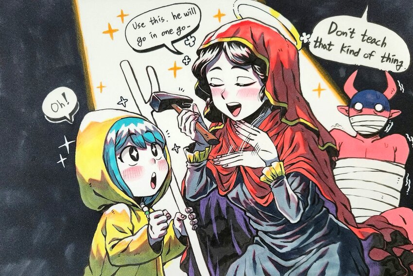 +_+ 1boy 2girls bead_necklace beads black_giraffe black_hair blue_hair blush bound cane child clenched_hand closed_eyes cowl demon_boy demon_horns english_text excited fingernails frilled_sleeves frills gagged halo hammer height_difference highres holding holding_cane holding_hammer hood hood_up horns jewelry jubilee_2025 looking_at_another lower_lip_only luce_(jubilee_2025) multiple_girls necklace notice_lines o_o open_mouth pale_skin raincoat real_life red_hood rosary saint_margaret_of_antioch scared shaded_face smile sparkle speech_bubble talking teeth trembling upper_teeth_only wrinkled_fabric yellow_hood yellow_raincoat yellow_trim
