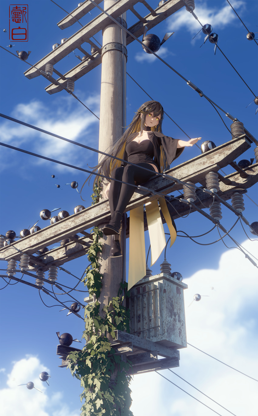 1girl absurdres black_choker black_dress black_hair black_jacket black_shirt black_shoes black_thighhighs blonde_hair blue_sky boots breasts choker cleavage cloud colored_inner_hair day dress earrings from_below full_body gold_earrings hair_between_eyes hair_ornament high_heels highres ivy jacket jewelry knees_together_feet_apart large_breasts leaf long_hair long_sleeves looking_at_viewer looking_down multicolored_hair non-humanoid_robot open_clothes open_jacket open_mouth original outdoors pantyhose plant power_lines robot robot_animal robot_bird shirt shoes short_dress single_earring sitting sky smile solo straight_hair thighhighs tooth_earrings transformer utility_pole very_long_hair wide_sleeves yellow_eyes yibai
