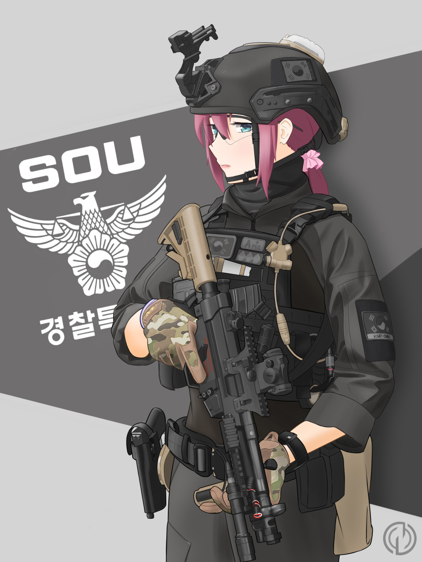 1girl absurdres ammunition_pouch belt black-framed_eyewear brown_hair brown_jacket buckle bulletproof_vest camouflage_gloves chin_strap chinese_commentary combat_helmet commentary_request emblem english_text flashlight frills glock goggles grey_pants gun h&amp;k_mp5 hair_tie handgun helmet highres holding holding_gun holding_weapon holster jacket korean_text load_bearing_equipment load_bearing_vest long_sleeves medium_hair korean_national_police_agency neck_warmer optical_sight original pants parted_lips patch police ponytail pouch purple_eyes s.w.a.t. semi-rimless_eyewear sidelocks simple_background snap-fit_buckle south_korea south_korean_flag submachine_gun tactical_clothes translation_request trigger_discipline unit_patch upper_body user_uejr5243 vertical_foregrip watch weapon